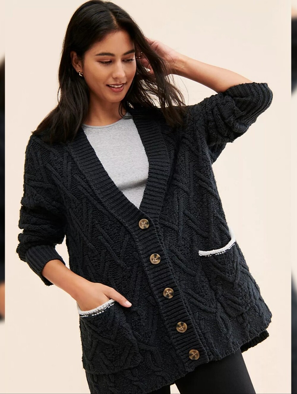 Free People Montana Cable Cardigan Black Cable-Knit Button Cardigan Sweater
